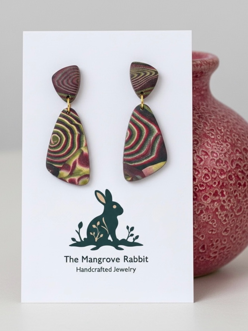 Crimson Ecru Green Swirl Large Handmade Polymer Clay Dangle Earrings w SS Posts